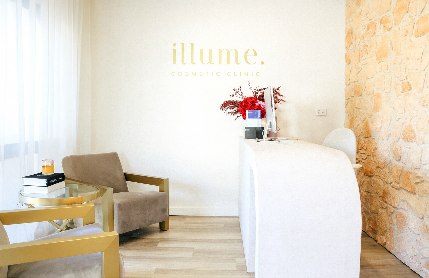 medispa reception with beautiful curtains